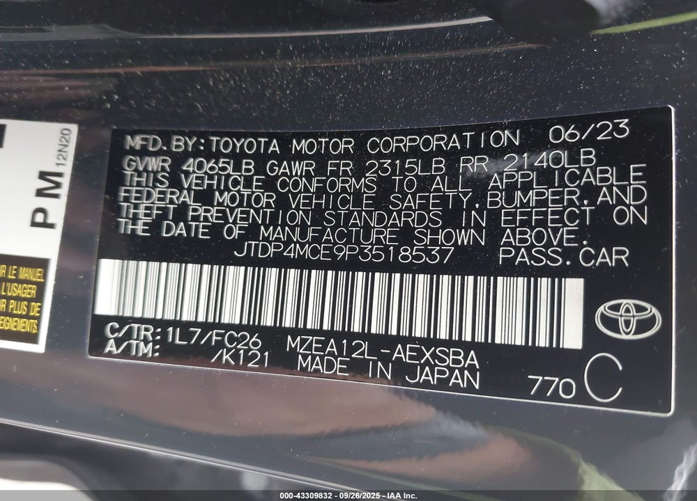 2023 TOYOTA COROLLA SE VIN: JTDP4MCE9P3518537