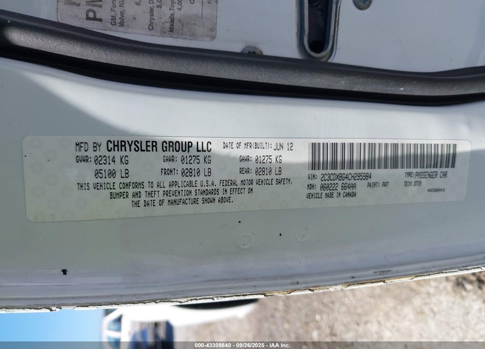 2012 DODGE CHARGER VIN: 2C3CDXBG4CH295984