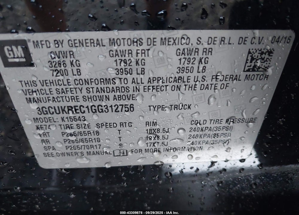 2016 CHEVROLET SILVERADO 1500 VIN: 3GCUKREC1GG312756