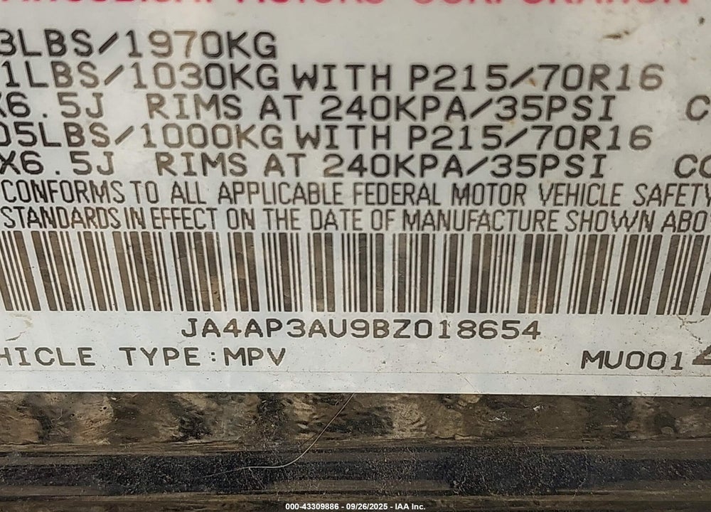 2011 MITSUBISHI OUTLANDER SPORT VIN: JA4AP3AU9BZ018654