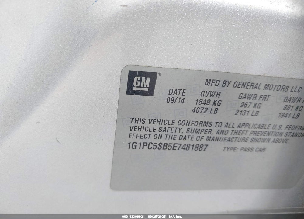 2014 CHEVROLET CRUZE VIN: 1G1PC5SB5E7481887