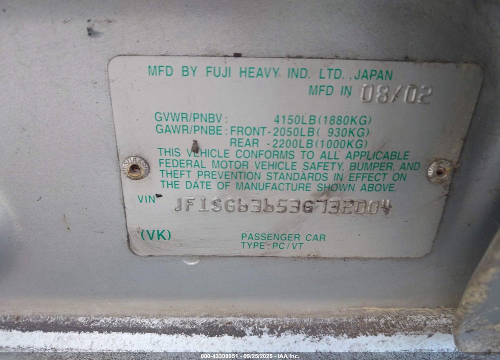 2003 SUBARU FORESTER X VIN: JF1SG63653G732004