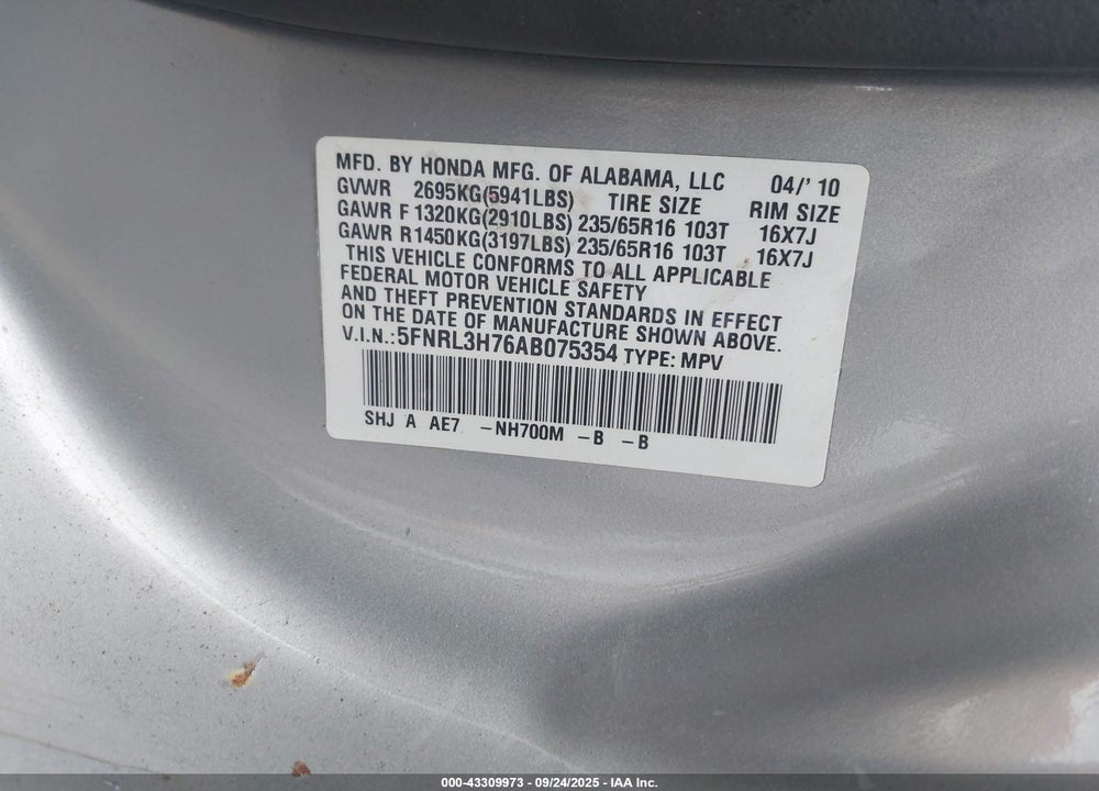 2010 HONDA ODYSSEY EX-L VIN: 5FNRL3H76AB075354
