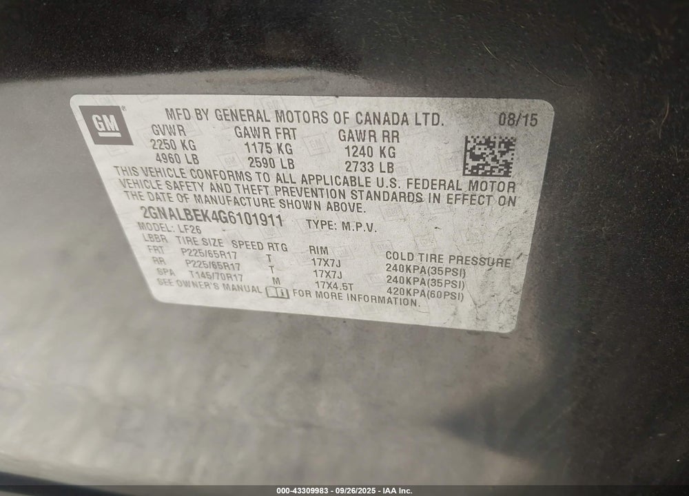 2016 CHEVROLET EQUINOX VIN: 2GNALBEK4G6101911