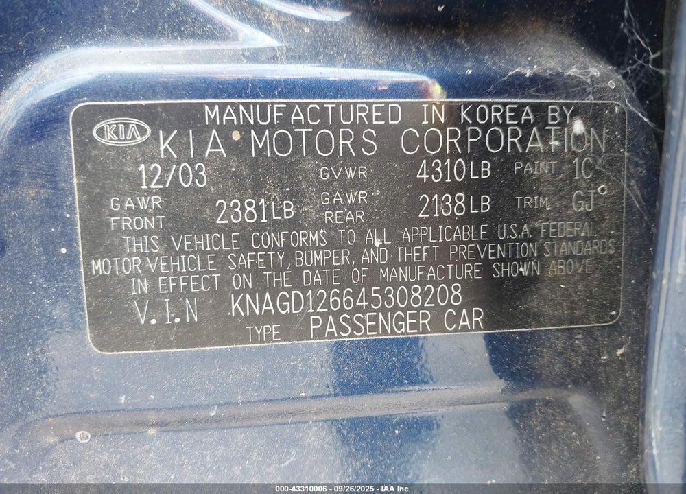 2004 KIA OPTIMA EX/LX VIN: KNAGD126645308208