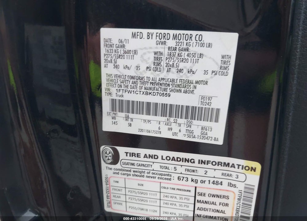 2011 FORD F-150 VIN: 1FTFW1CTXBKD70559
