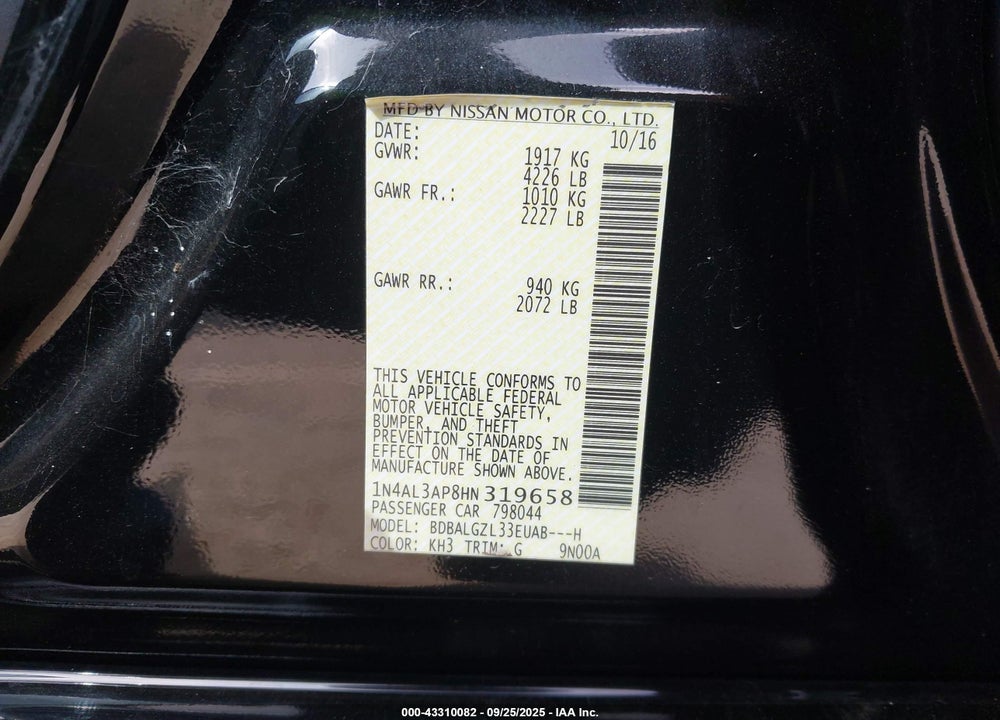 2017 NISSAN ALTIMA VIN: 1N4AL3AP8HN319658