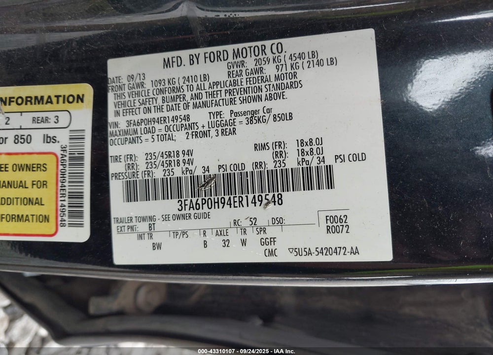 2014 FORD FUSION VIN: 3FA6P0H94ER149548