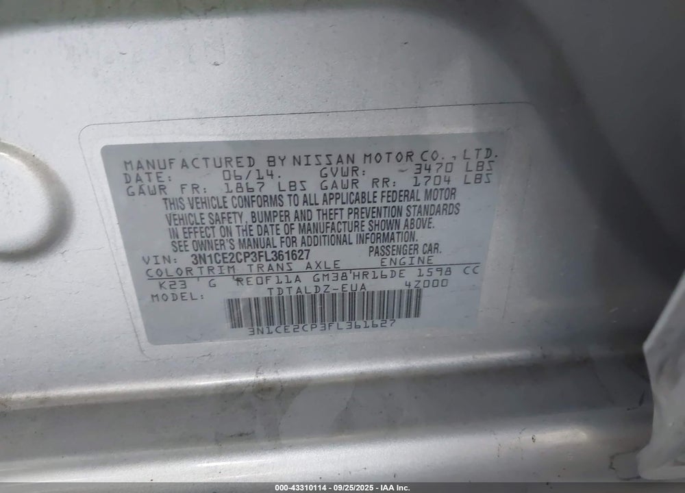 2015 NISSAN VERSA NOTE VIN: 3N1CE2CP3FL361627
