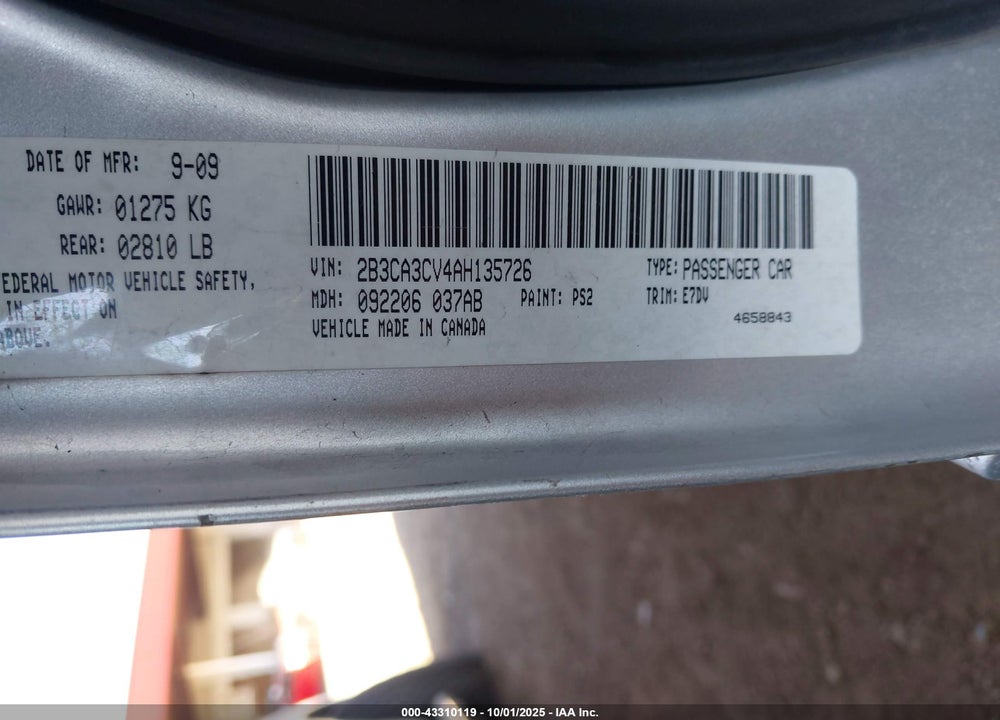 2010 DODGE CHARGER VIN: 2B3CA3CV4AH135726