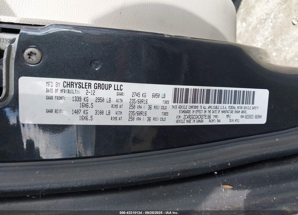 2012 DODGE GRAND CARAVAN SXT VIN: 2C4RDGCGXCR275186
