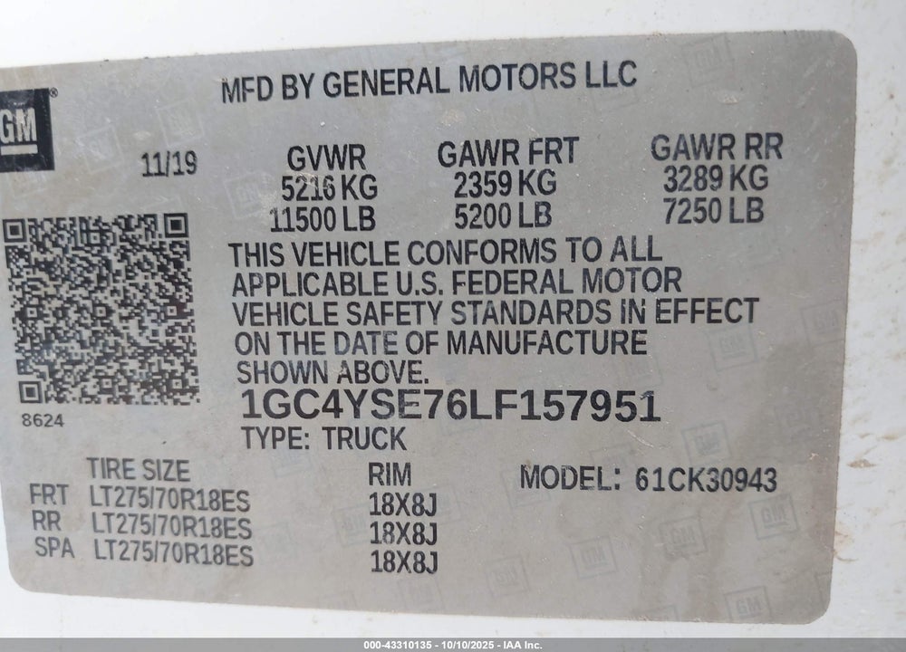2020 CHEVROLET SILVERADO 3500HD VIN: 1GC4YSE76LF157951