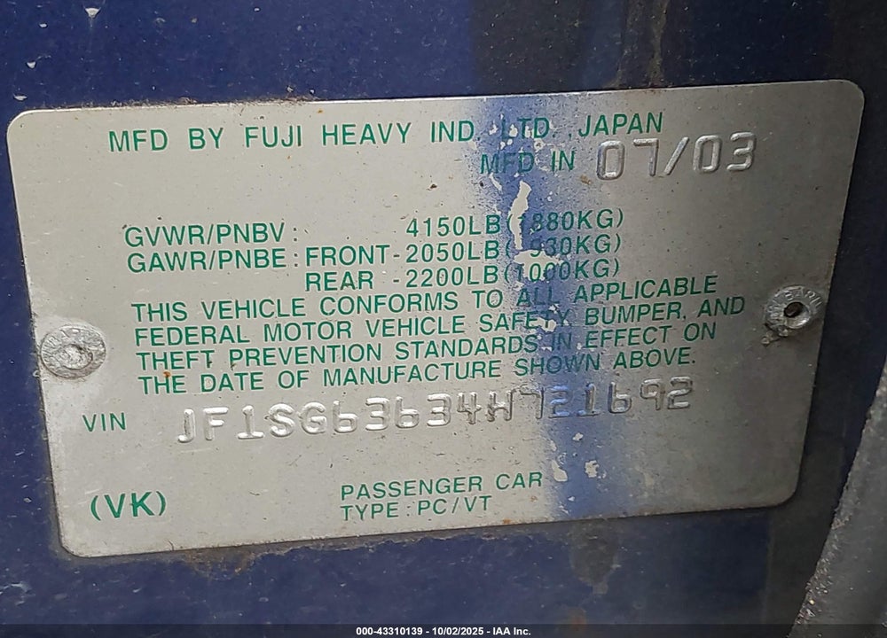 2004 SUBARU FORESTER 2.5X VIN: JF1SG63634H721692