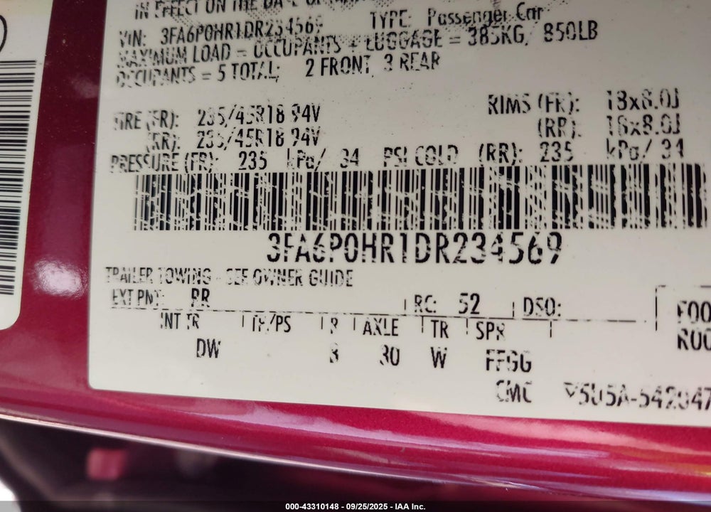 2013 FORD FUSION SE VIN: 3FA6P0HR1DR234569