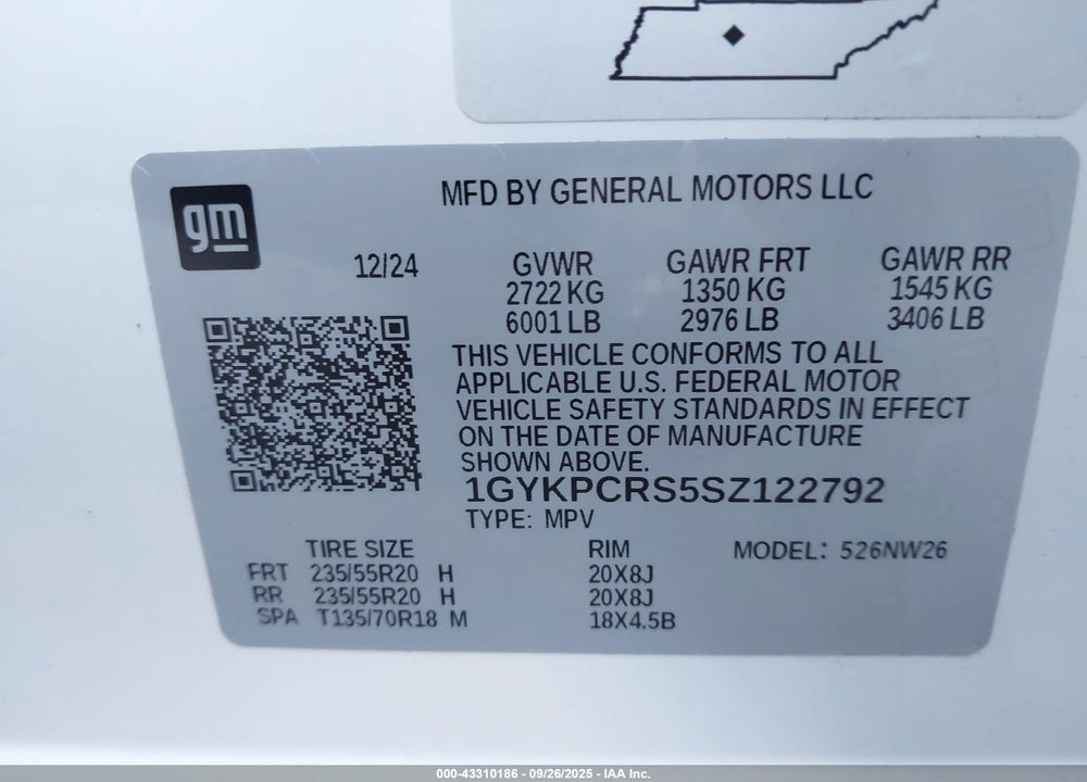 2025 CADILLAC XT6 VIN: 1GYKPCRS5SZ122792