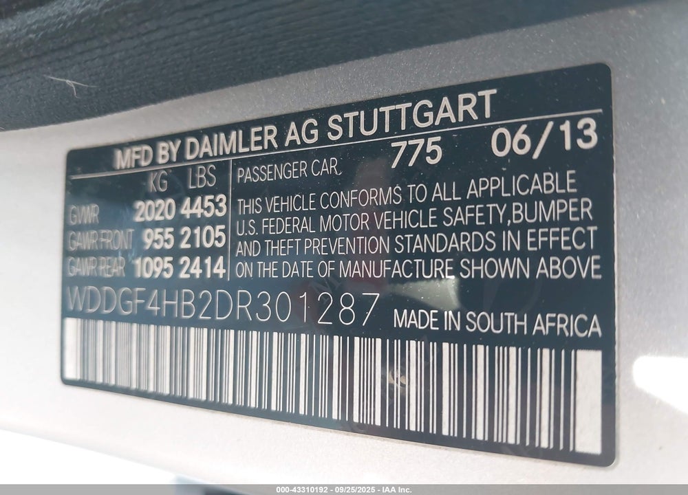 2013 MERCEDES-BENZ C CLASS VIN: WDDGF4HB2DR301287