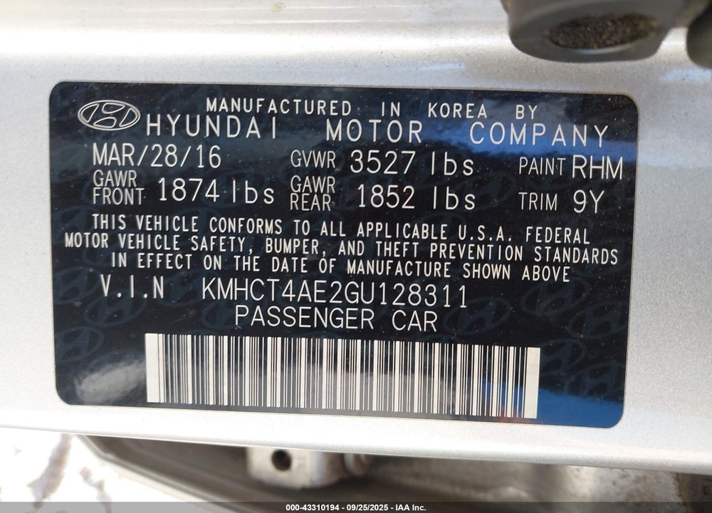 2016 HYUNDAI ACCENT VIN: KMHCT4AE2GU128311