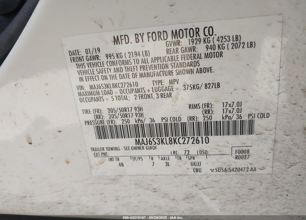 2019 FORD ECOSPORT VIN: MAJ6S3KL8KC272610
