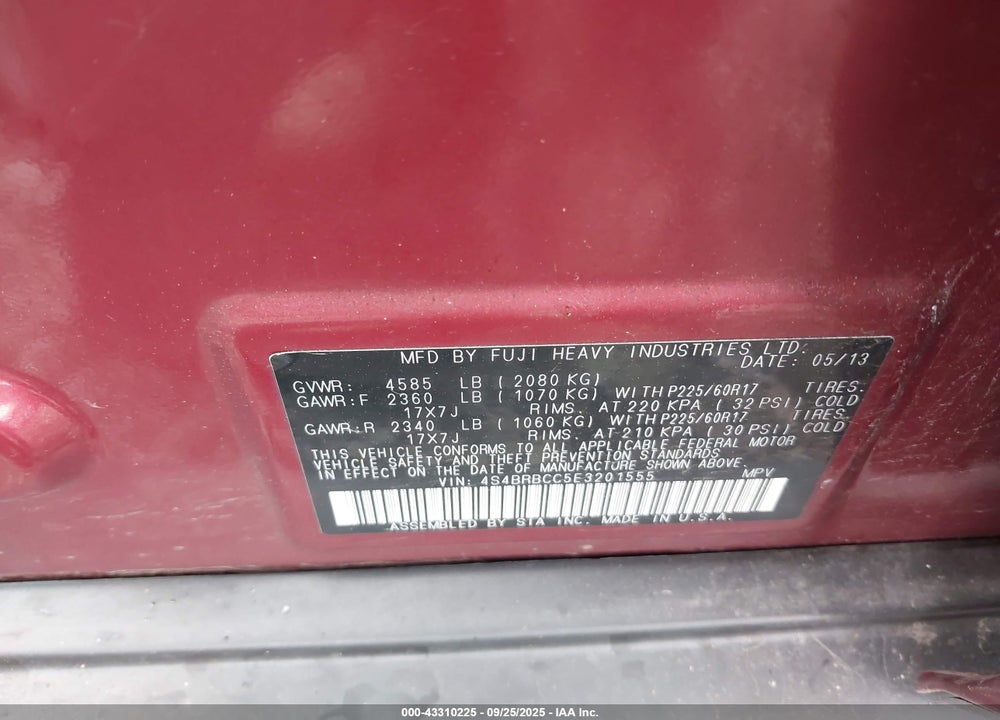 2014 SUBARU OUTBACK VIN: 4S4BRBCC5E3201555