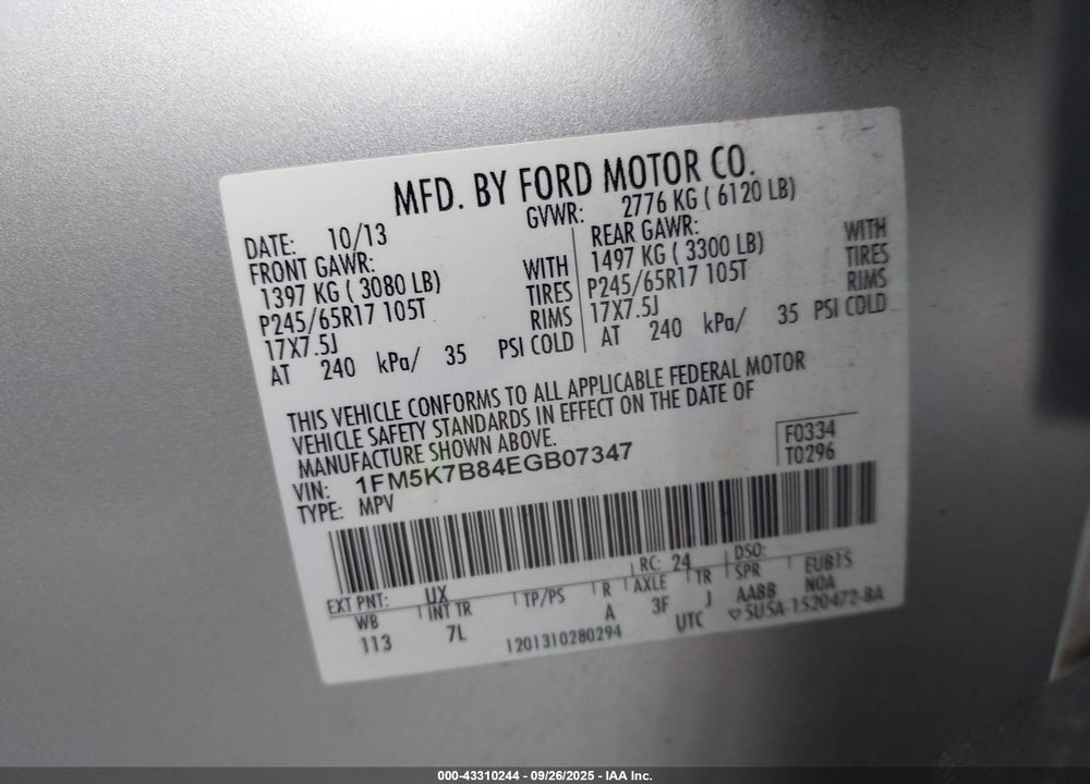 2014 FORD EXPLORER VIN: 1FM5K7B84EGB07347