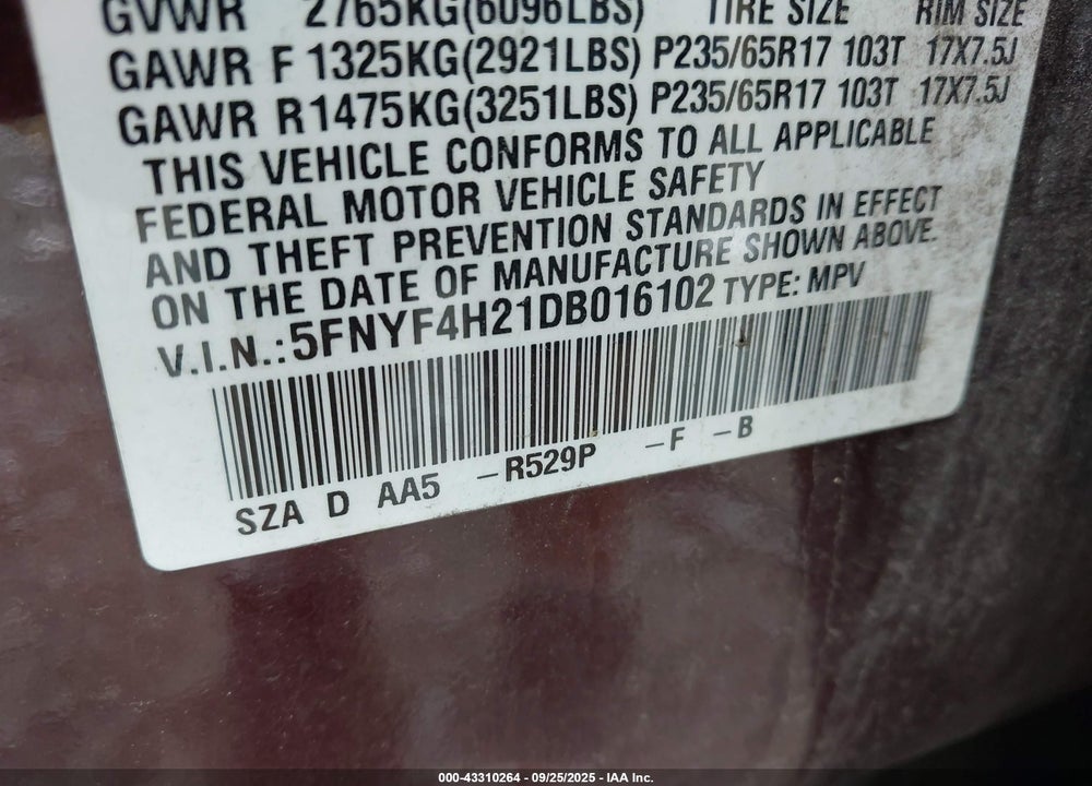 2013 HONDA PILOT VIN: 5FNYF4H21DB016102