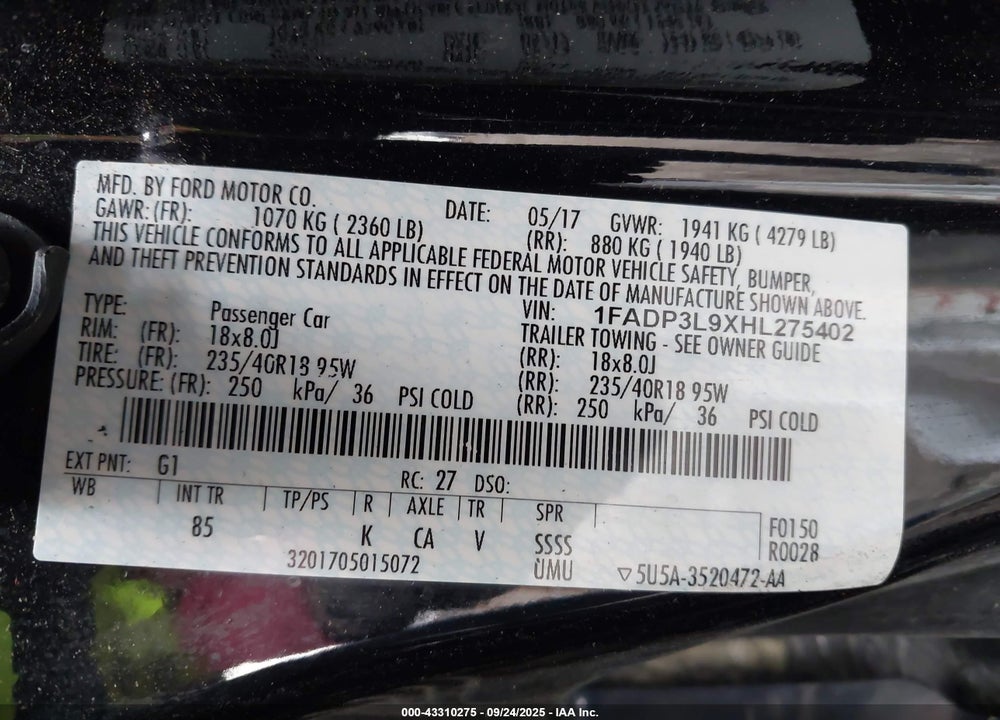 2017 FORD FOCUS VIN: 1FADP3L9XHL275402