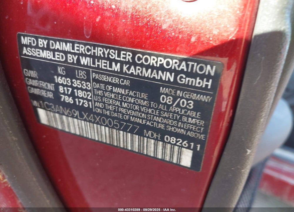 2004 CHRYSLER CROSSFIRE VIN: 1C3AN69LX4X005777