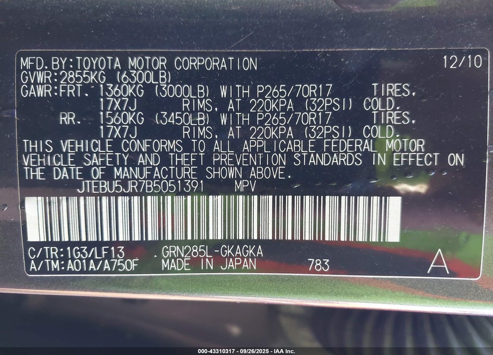 2011 TOYOTA 4RUNNER VIN: JTEBU5JR7B5051391