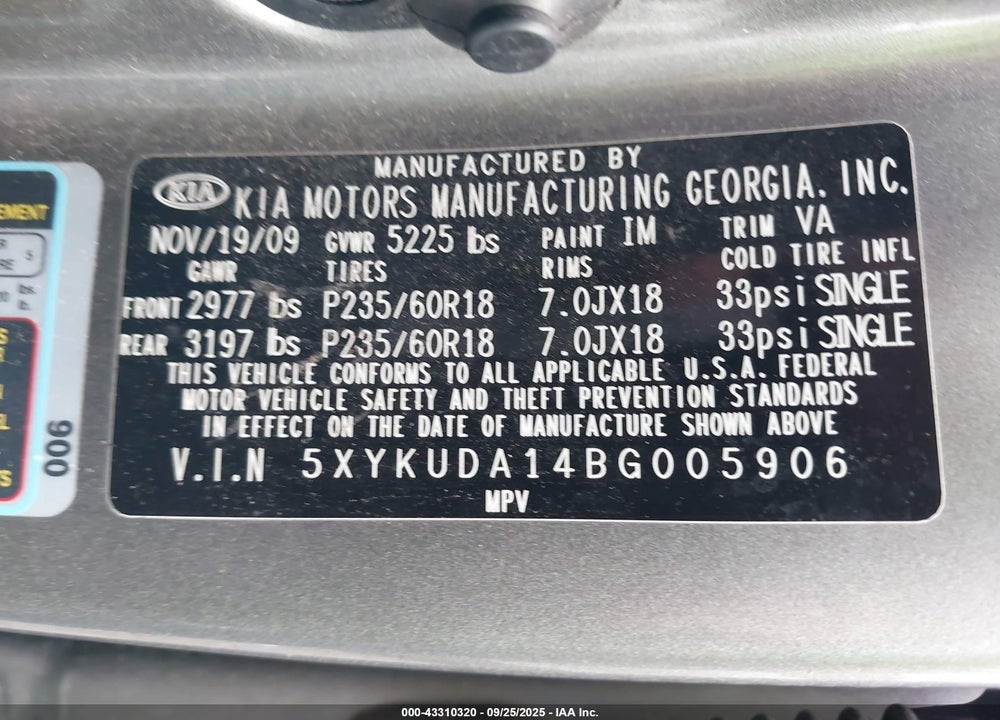 2011 KIA SORENTO VIN: 5XYKUDA14BG005906