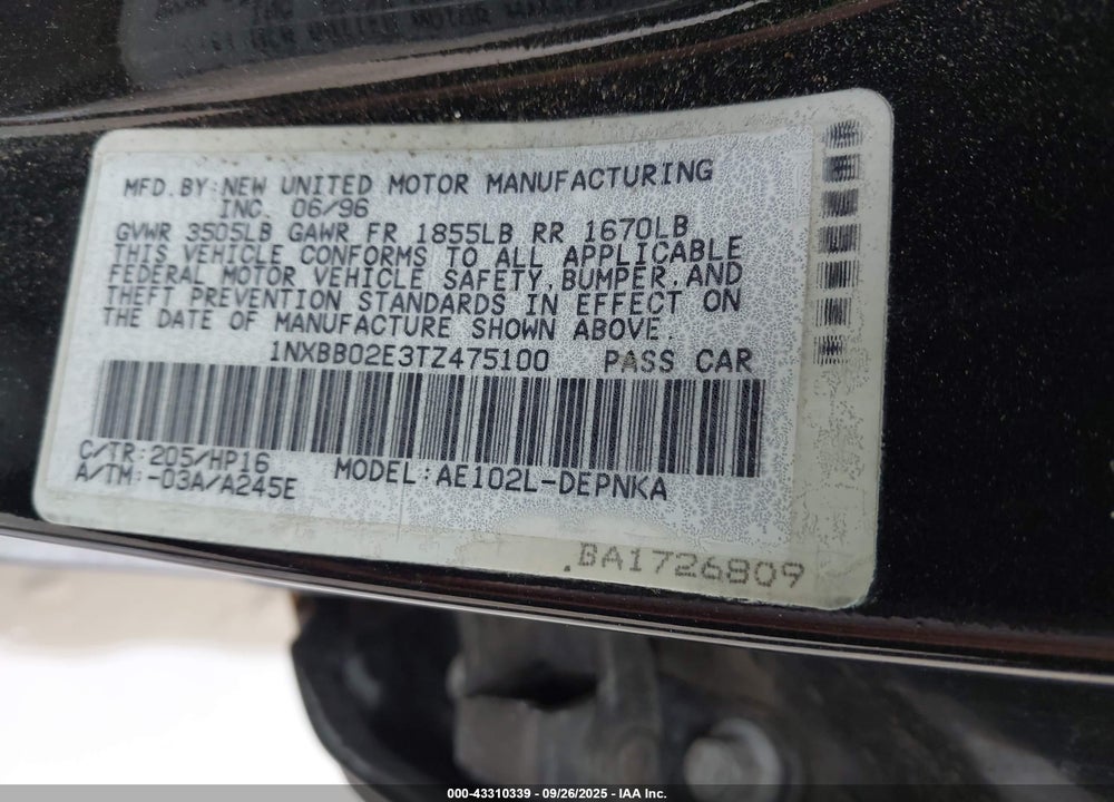 1996 TOYOTA COROLLA DX VIN: 1NXBB02E3TZ475100