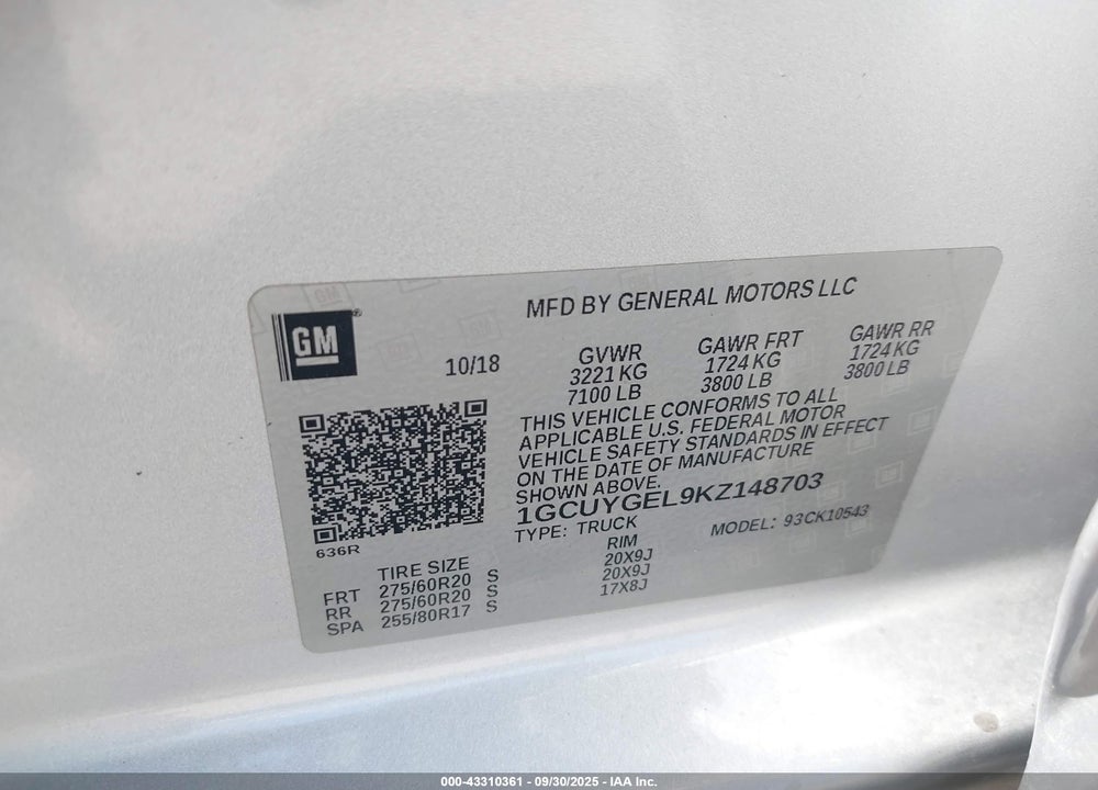 2019 CHEVROLET SILVERADO 1500 LTZ VIN: 1GCUYGEL9KZ148703