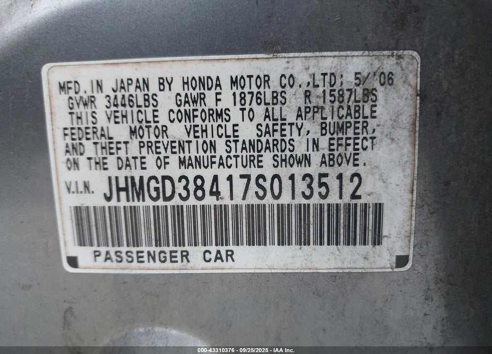 2007 HONDA FIT VIN: JHMGD38417S013512