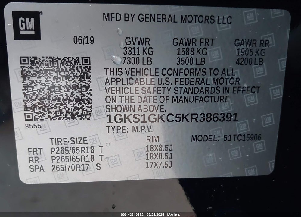 2019 GMC YUKON XL VIN: 1GKS1GKC5KR386391
