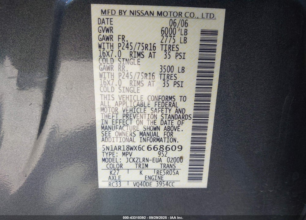 2006 NISSAN PATHFINDER S VIN: 5N1AR18WX6C668609