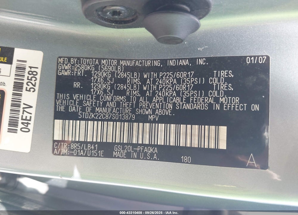 2007 TOYOTA SIENNA XLE VIN: 5TDZK22C87S013879