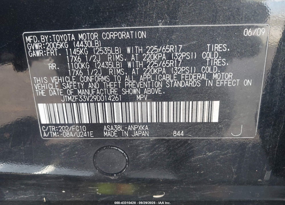 2009 TOYOTA RAV4 VIN: JTMZF33V29D014261