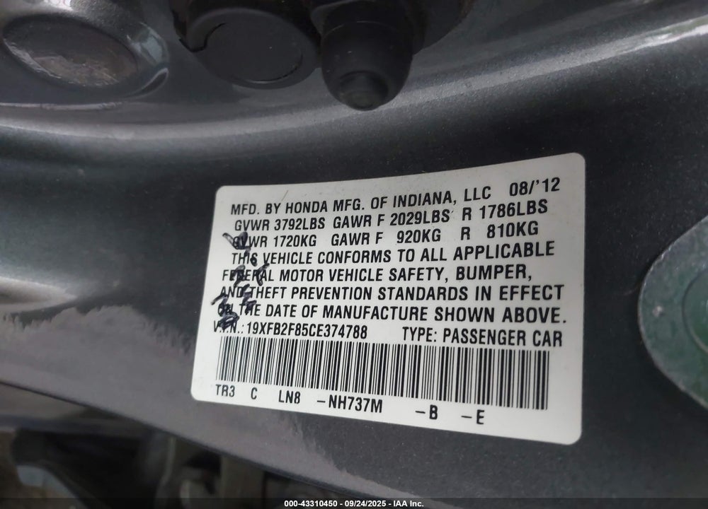 2012 HONDA CIVIC VIN: 19XFB2F85CE374788