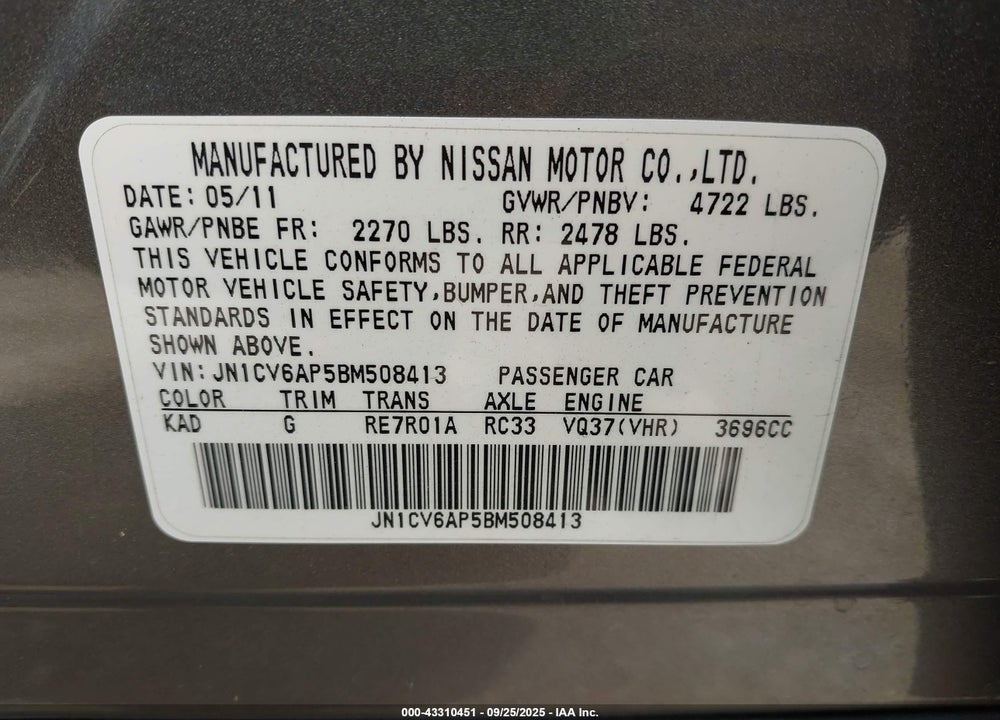 2011 INFINITI G37 VIN: JN1CV6AP5BM508413