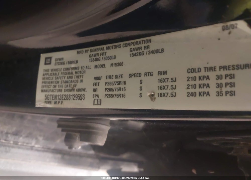 2008 HUMMER H3 SUV VIN: 5GTEN13E288129593