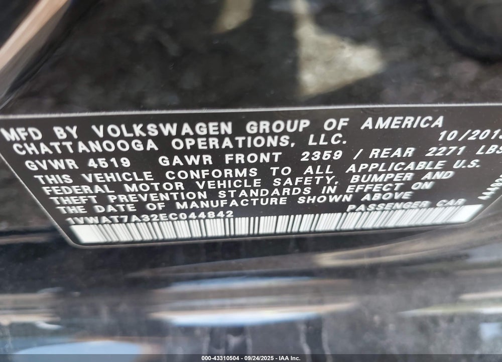 2014 VOLKSWAGEN PASSAT VIN: 1VWAT7A32EC044842