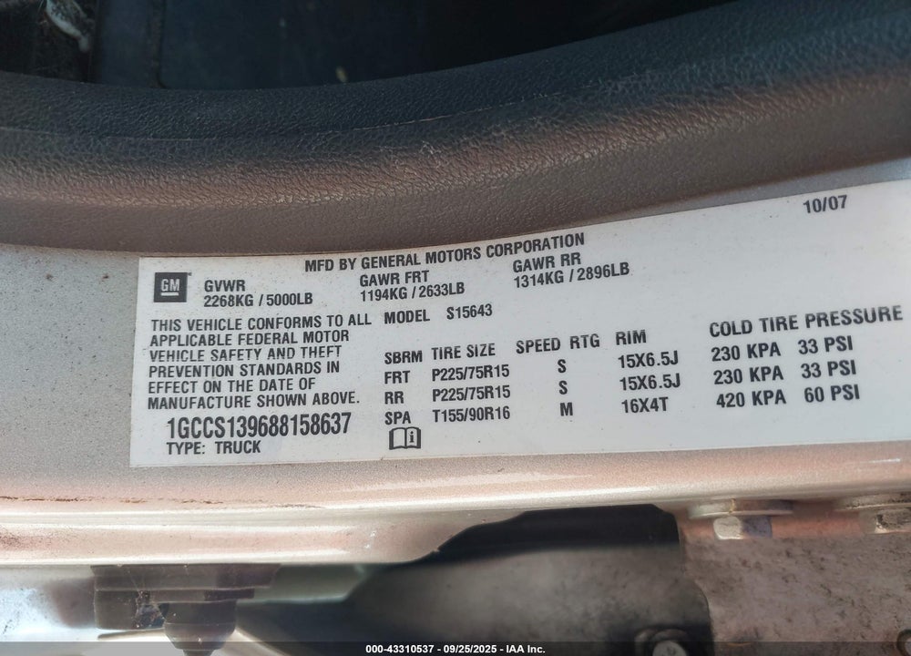 2008 CHEVROLET COLORADO LT VIN: 1GCCS139688158637