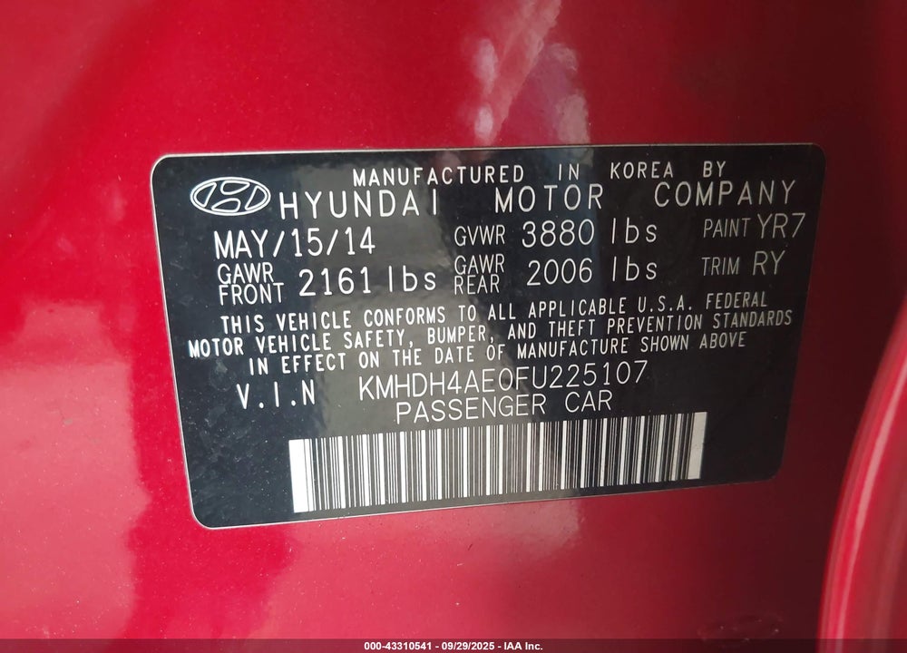 2015 HYUNDAI ELANTRA VIN: KMHDH4AE0FU225107
