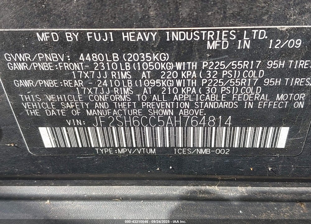 2010 SUBARU FORESTER VIN: JF2SH6CC5AH764814