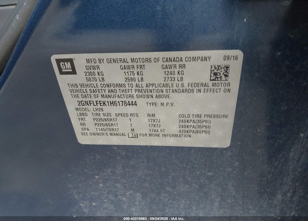 2017 CHEVROLET EQUINOX VIN: 2GNFLFEK1H6178444