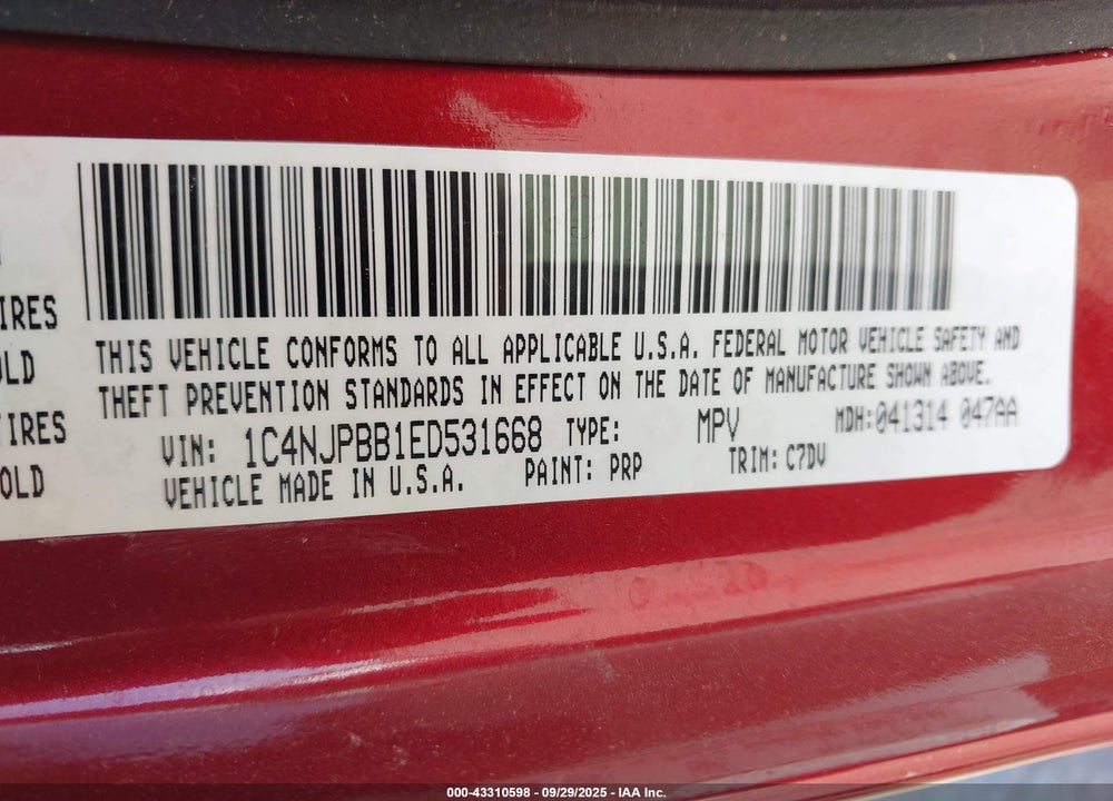 2014 JEEP PATRIOT SPORT VIN: 1C4NJPBB1ED531668