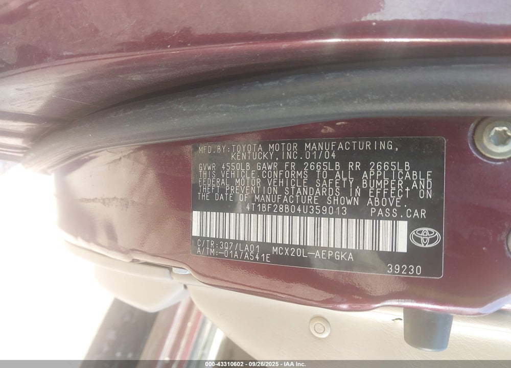 2004 TOYOTA AVALON XLS VIN: 4T1BF28B04U359013