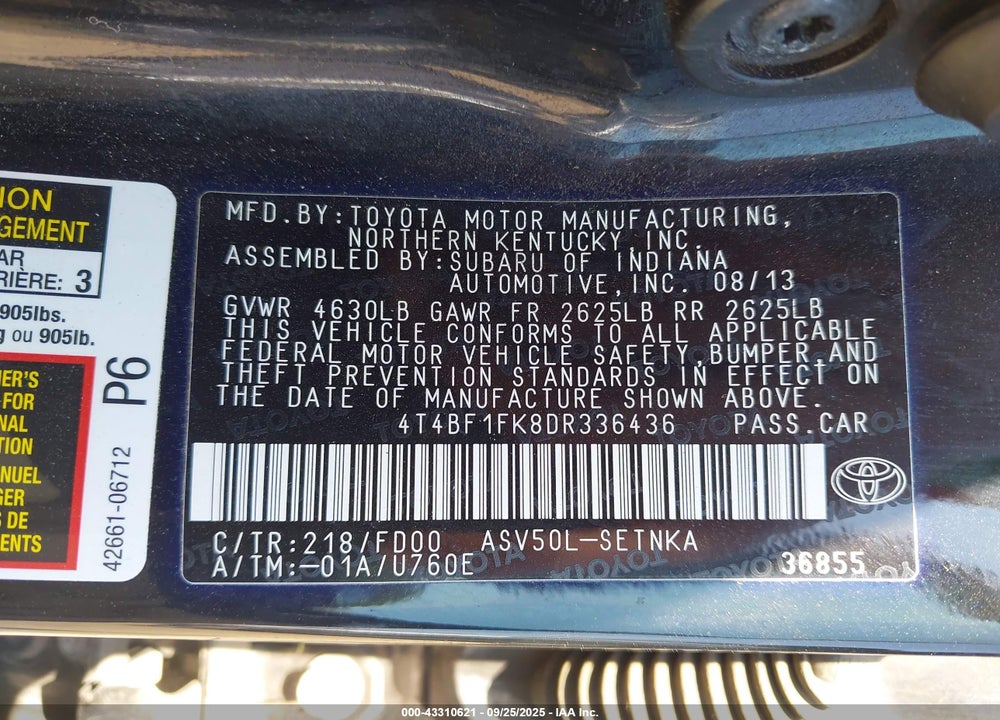 2013 TOYOTA CAMRY VIN: 4T4BF1FK8DR336436