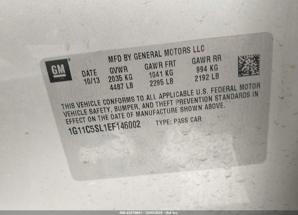 2014 CHEVROLET MALIBU 1LT VIN: 1G11C5SL1EF146002