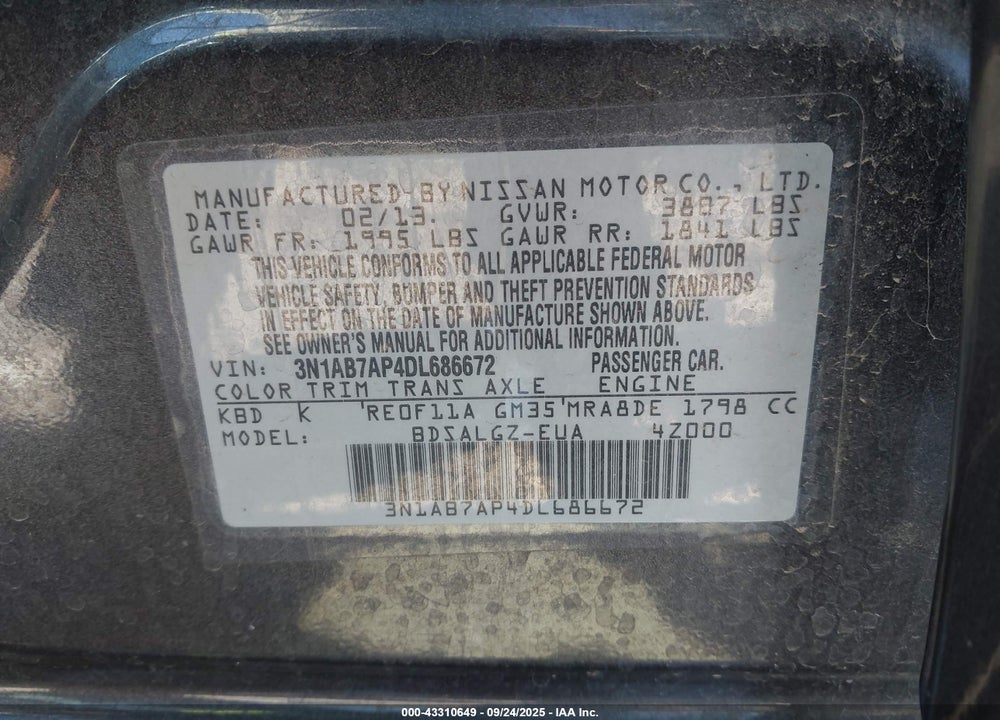 2013 NISSAN SENTRA SL VIN: 3N1AB7AP4DL686672