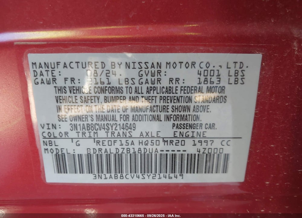 2025 NISSAN SENTRA SV VIN: 3N1AB8CV4SY214649